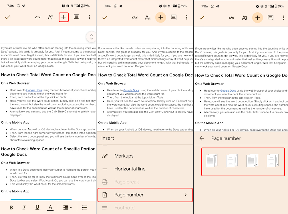 How to set page numbers on Google Docs mobile app