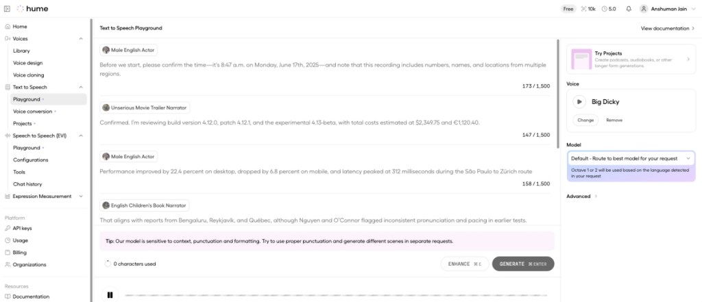 Hume AI Voice generation page screenshot