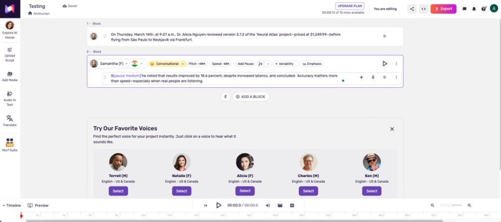 Murf Falcon AI Voice generator screenshot