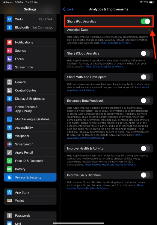 Share iPad Analytics option