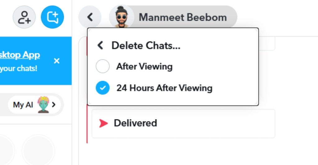 Choose between delete after viewing option in Snapchat Web