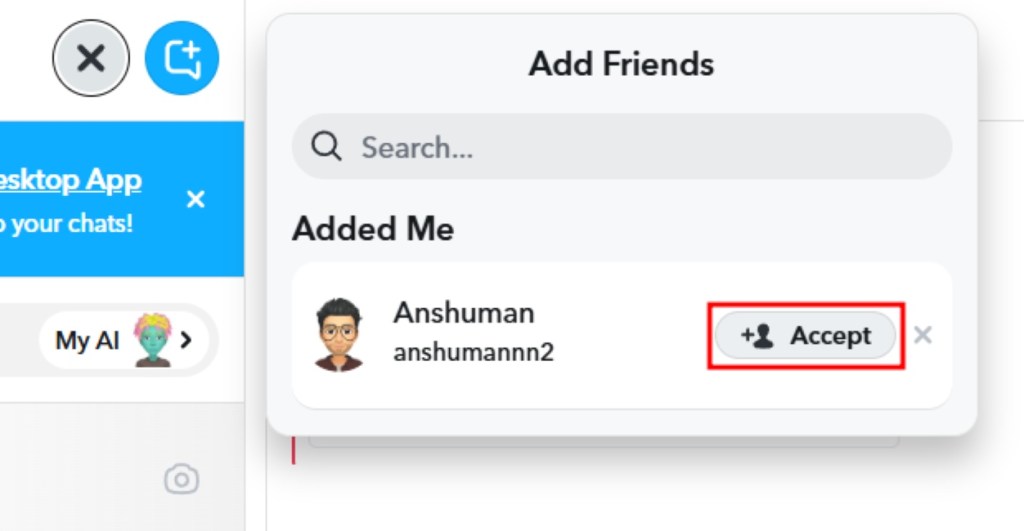 Click on Accept to add a friend on Snapchat Web