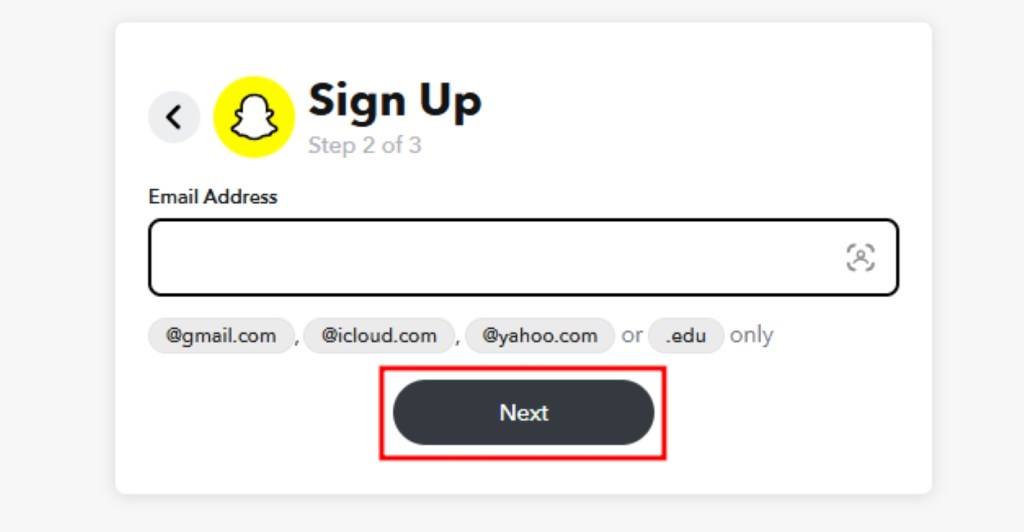 Enter email address to create a Snapchat account on web