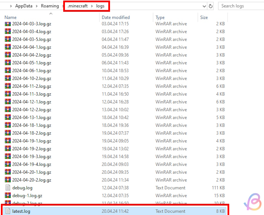 Latest log text document inside the logs folder in the main Minecraft folder 