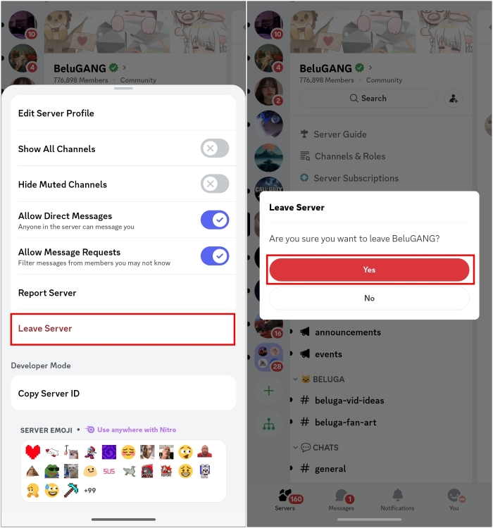 Leave Discord server from mobile app
