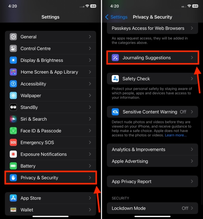Privacy & Security section in iPhone Settings
