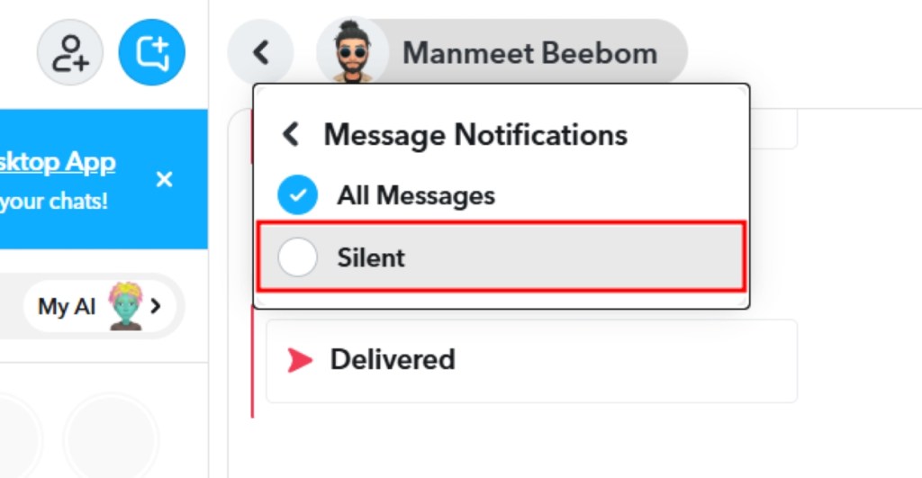 Select the Silent option to turn off notifications on Snapchat Web