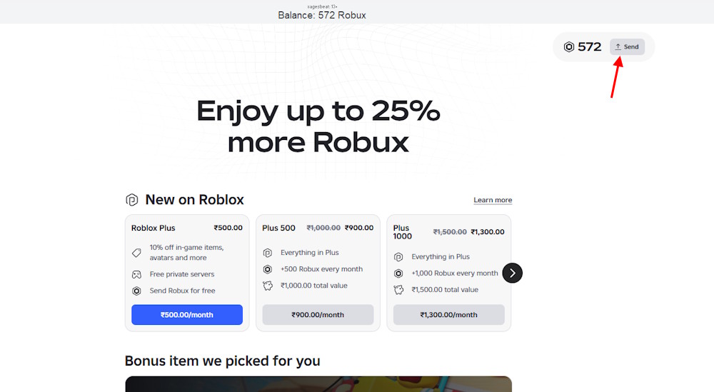 Send Robux button in Roblox app