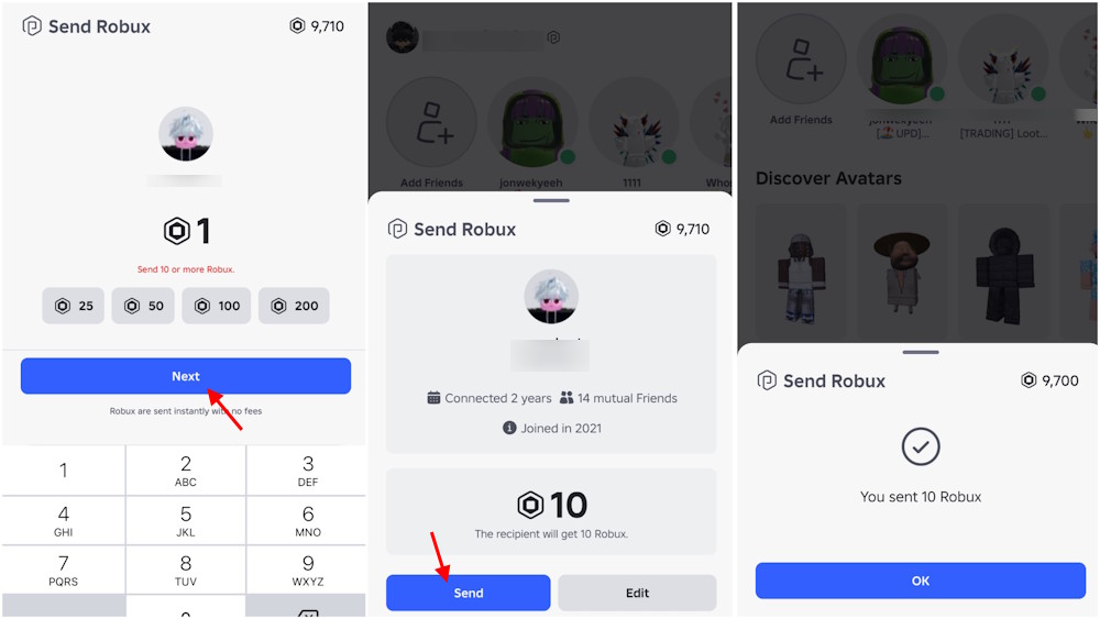 Send Robux on Roblox mobile complete