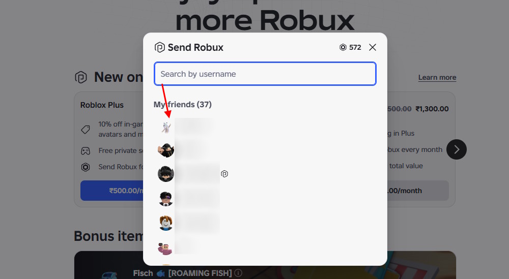 Send Robux to friend in Roblox app