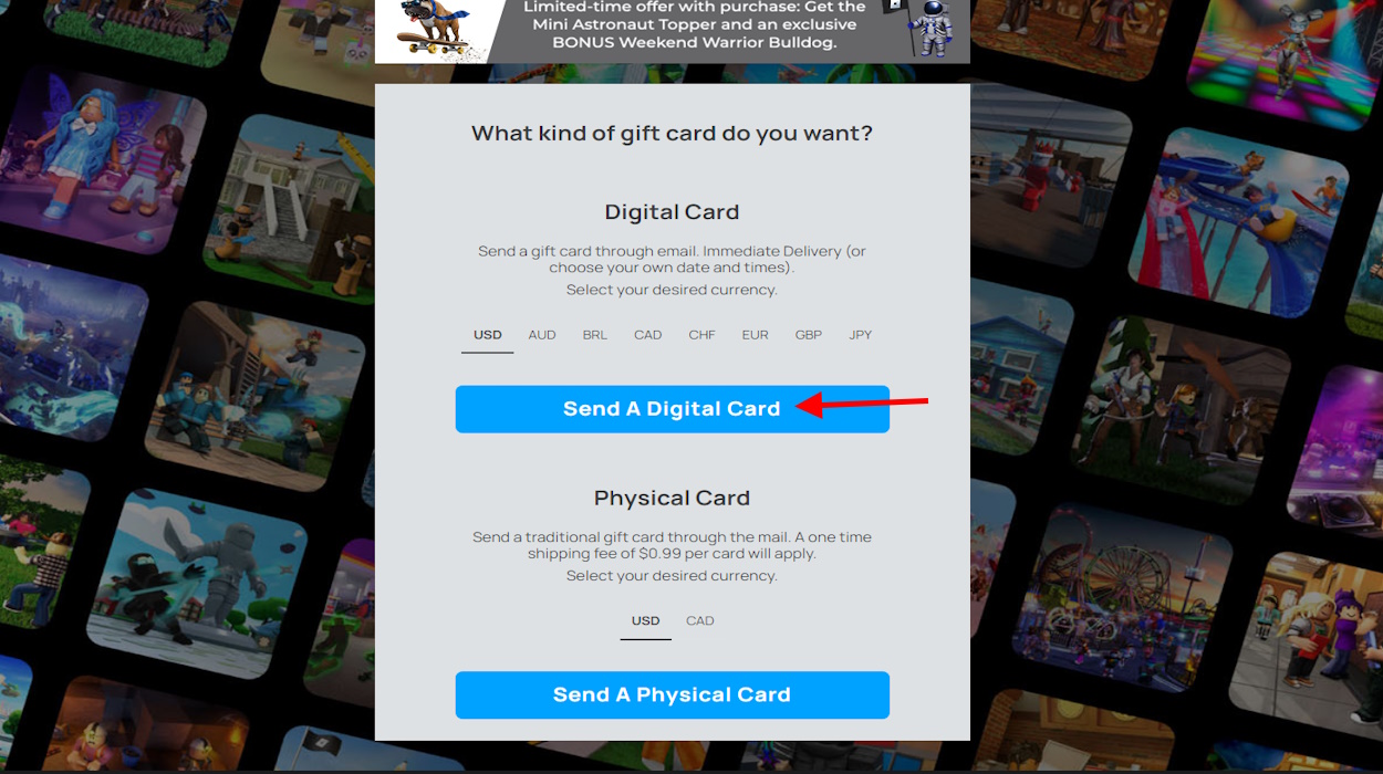 How To Give Robux To Friends In Roblox Beebom Send A Digital Or Physical Card Option 