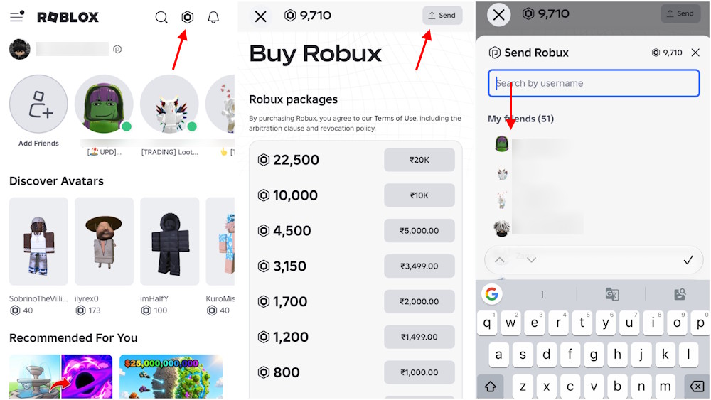 Sending Robux using plus on Roblox mobile