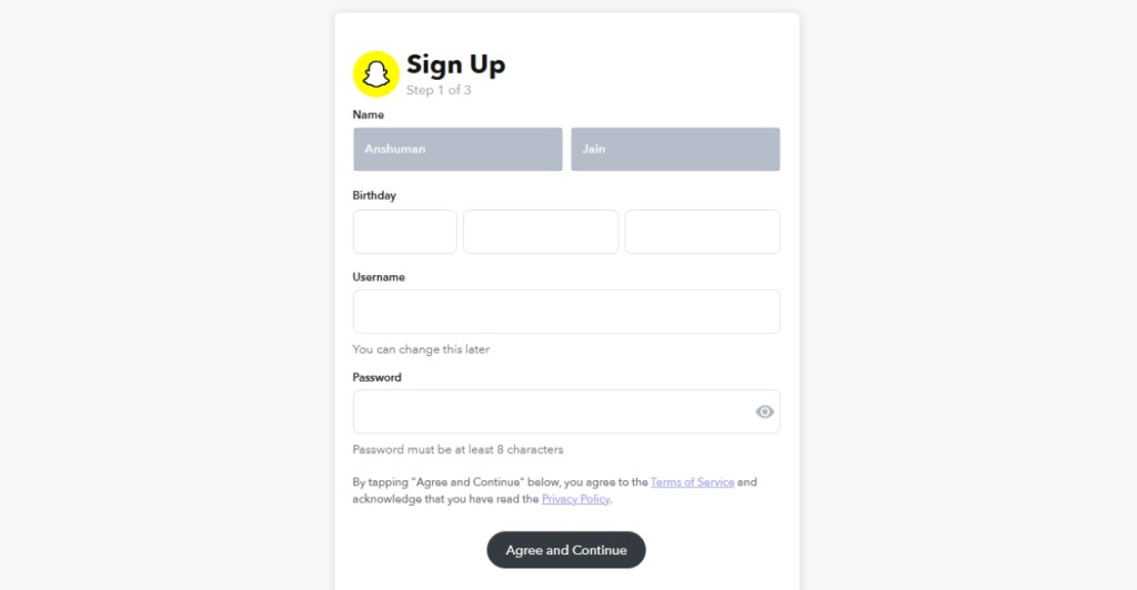 Snapchat Web sign up first page preview