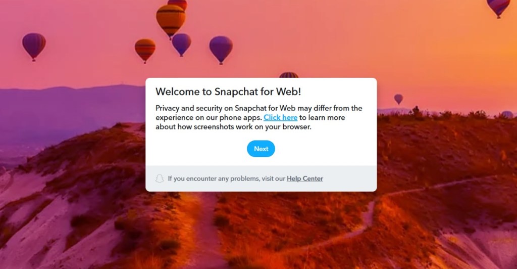 Snapchat for Web welcome screen