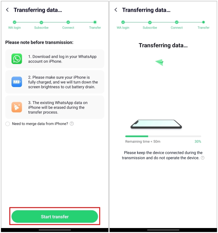 Start transfer of your WhatsApp files