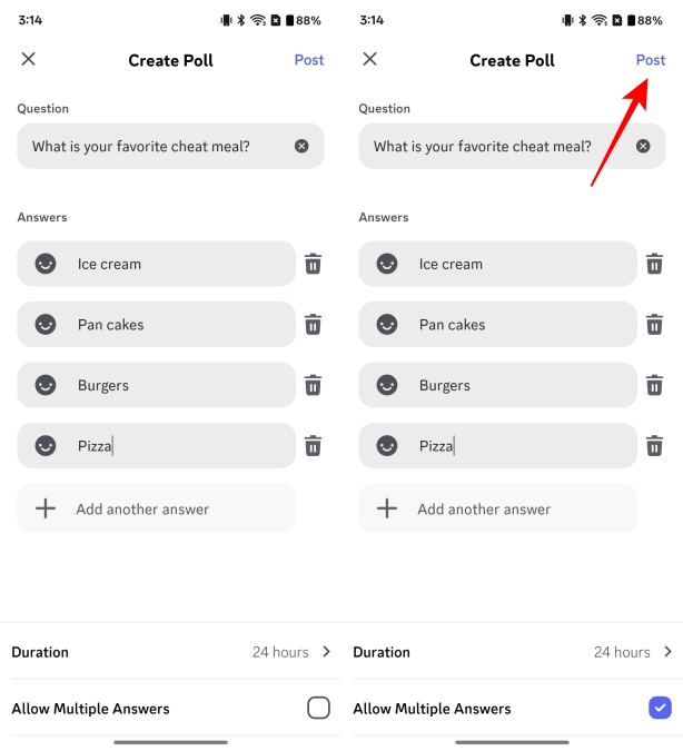 Write answers and choice for the poll and tap on the post button