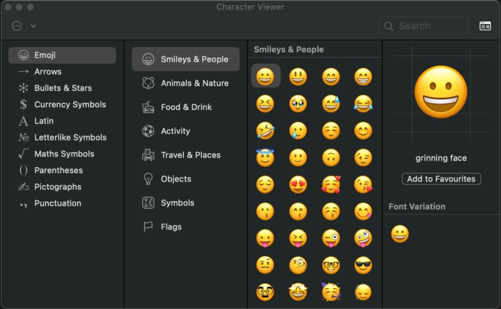 Character Viewer on Mac