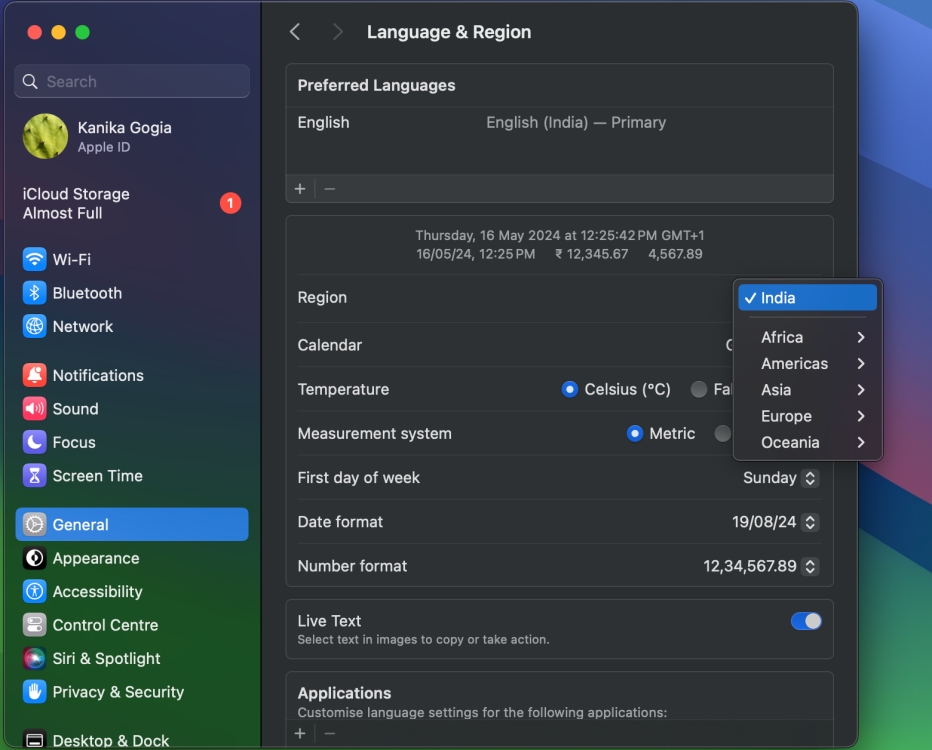 Choose Region in macOS
