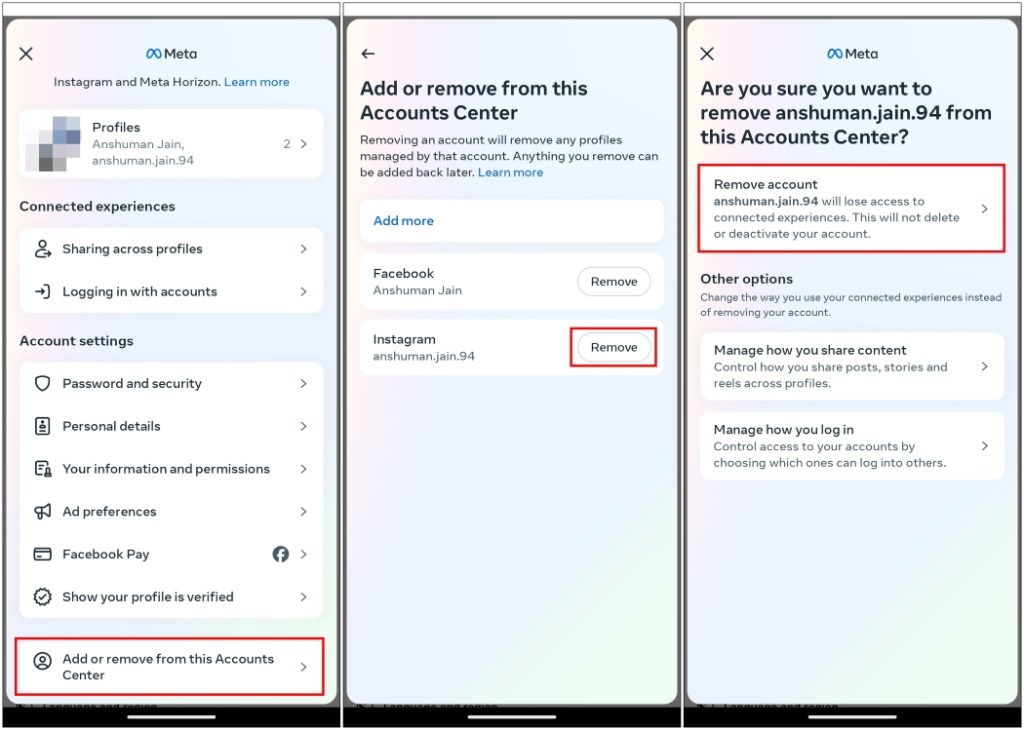 Choose and Remove Instagram Account From Facebook