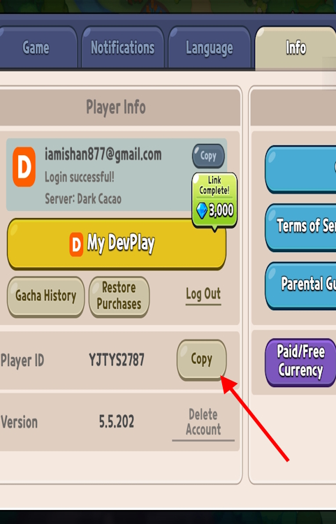 Copy Player ID for codes redemption in Cookie Run Kingdom