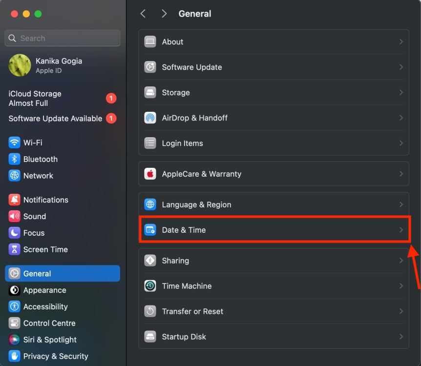 Date & Time option in Mac Settings
