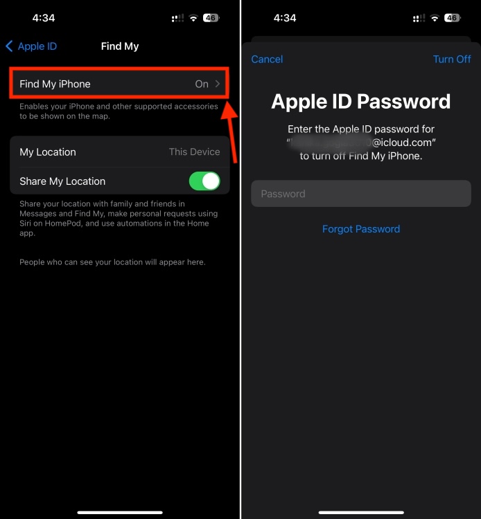 Disable Find My iPhone option