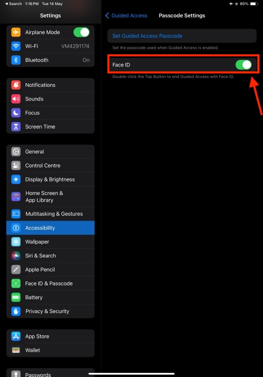 Enable Face ID for Guided Access Session
