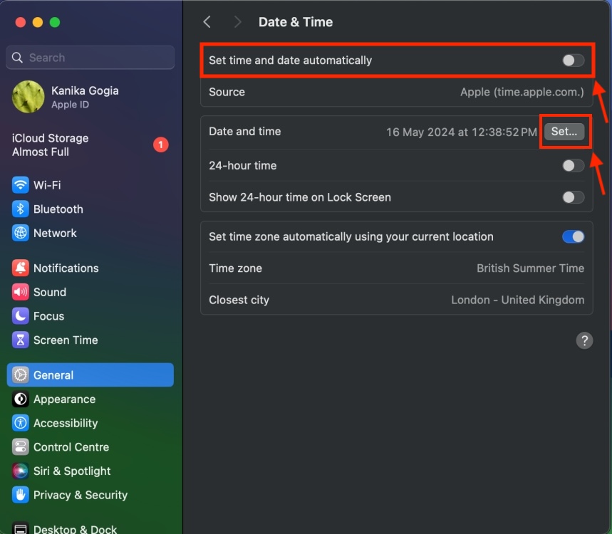 Manually set date and time on MacBook