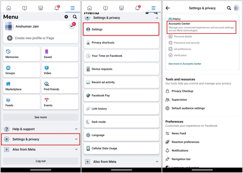 Navigate to the Accounts Center in Facebook