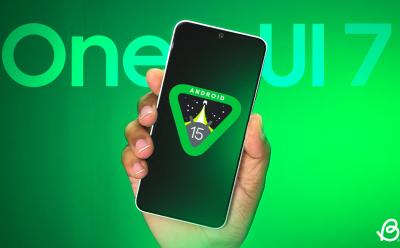 Hand holding phone with Android 15 logo in front of a green background with One UI 7 text at the top