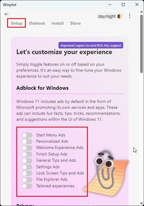 disable ads using winpilot