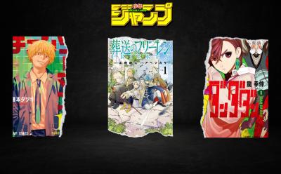 posters of CSM, Frieren and Dandadan manga