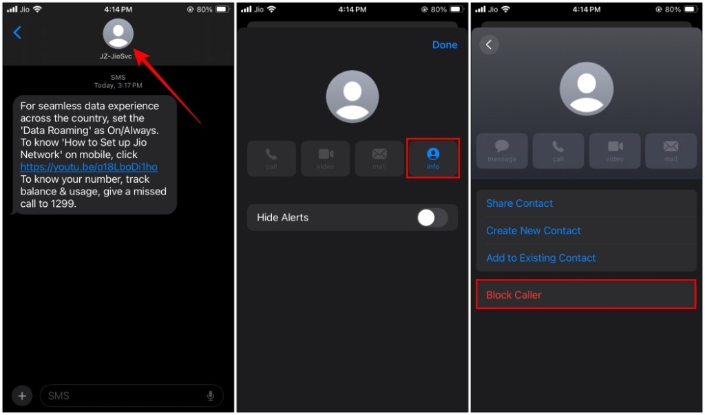 Block Sender on iOS Messages