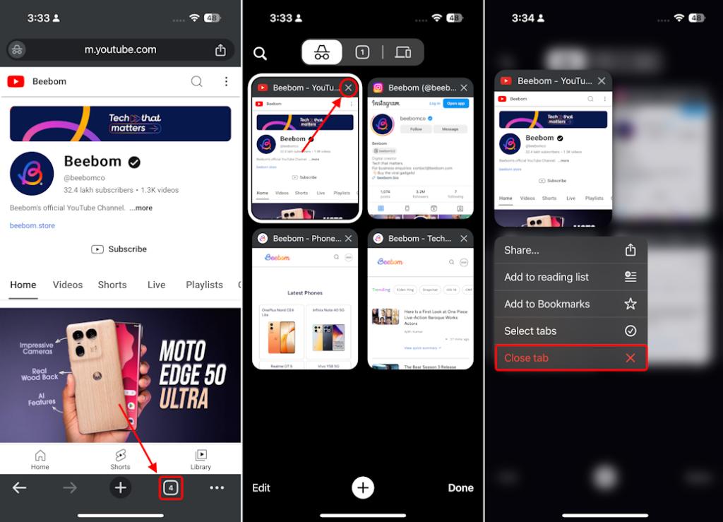 Close a specific Incognito window on Google Chrome on iPhone