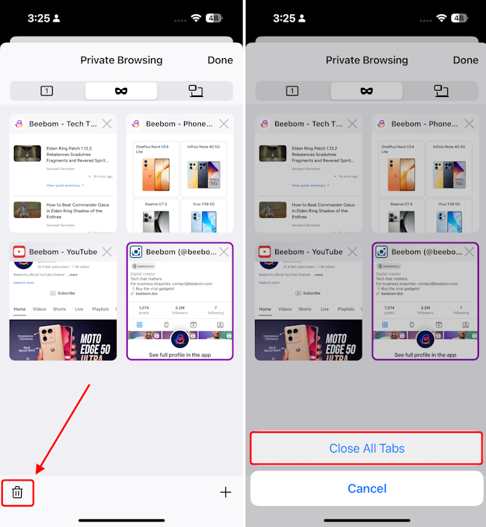 Close all Firefox private tabs at once on iPhone
