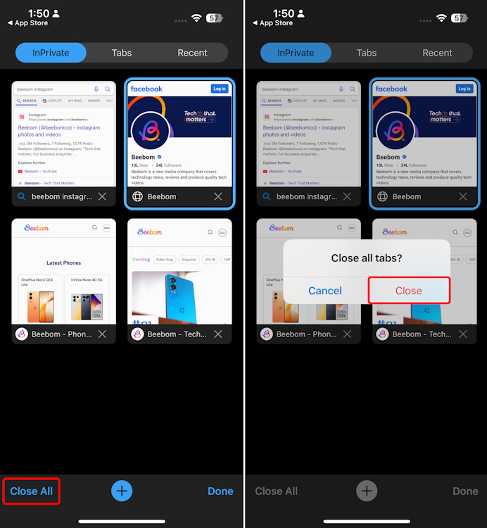 Closing all Incognito tabs on Microsoft Edge on iPhone