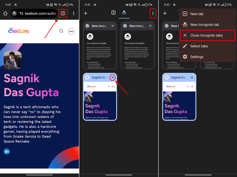 Closing specific and all Incognito tabs on Chrome Android app