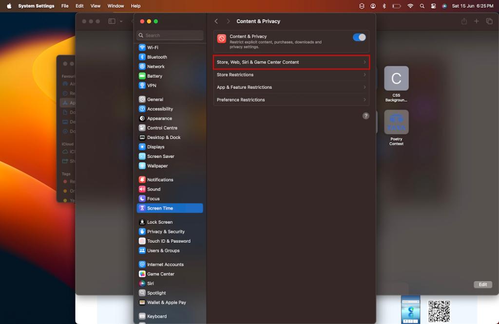 Content Restrictions secion in Mac