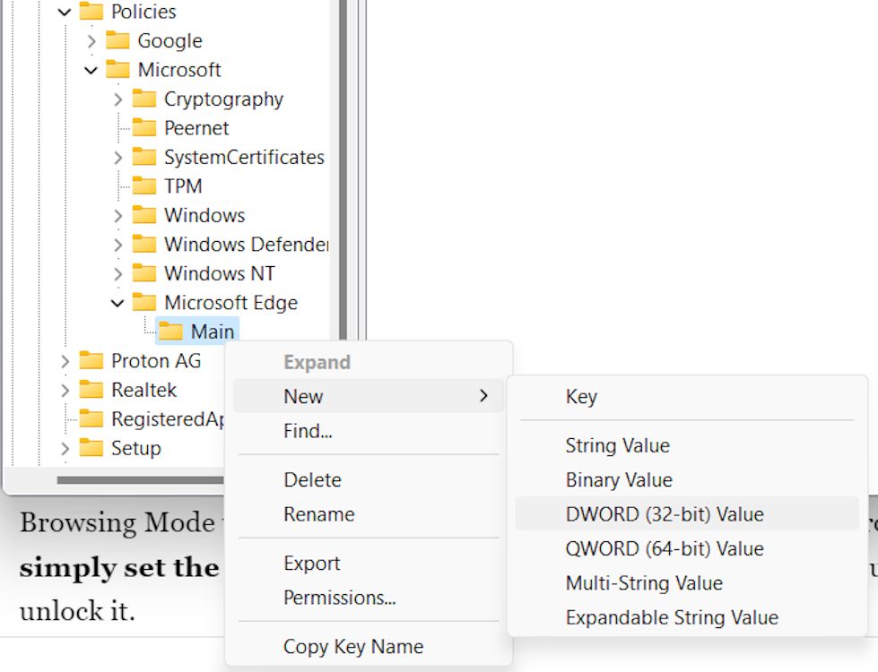 Creating a 32-bit DWORD value sub-key for the Main Microsoft sub-key