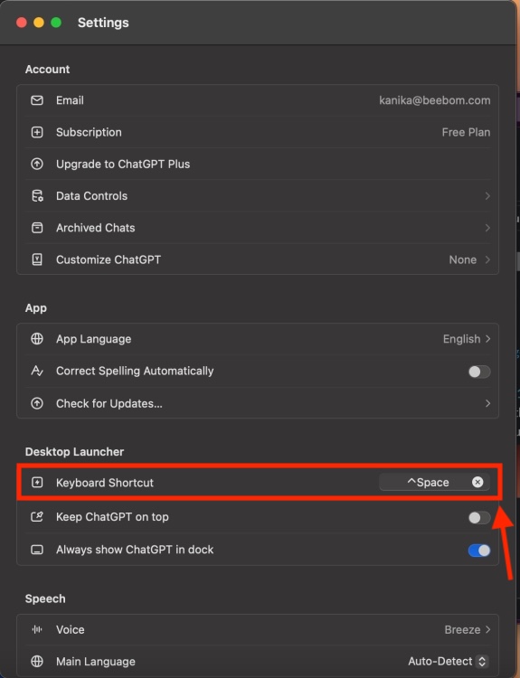 Customize ChatGPT Launcher Keyboard Shortcut