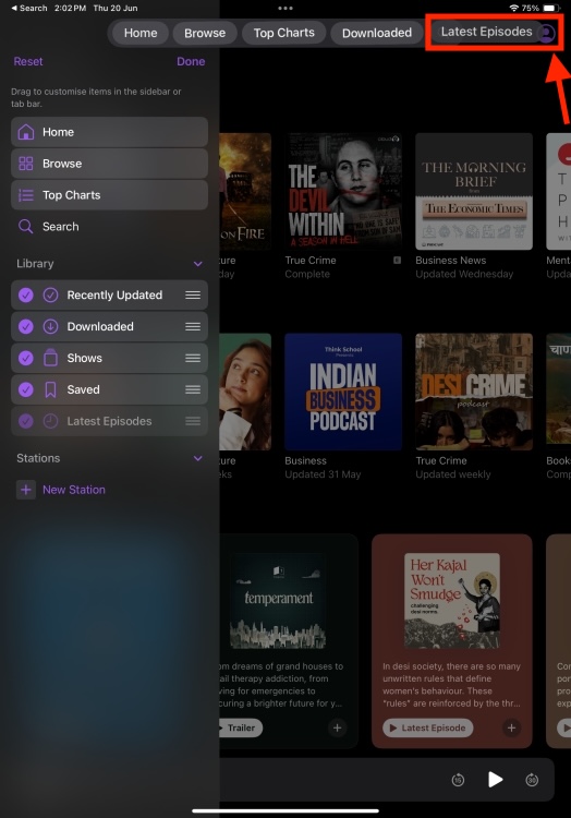 Drag Menu Items from Sidebar and place it in Tab Bar