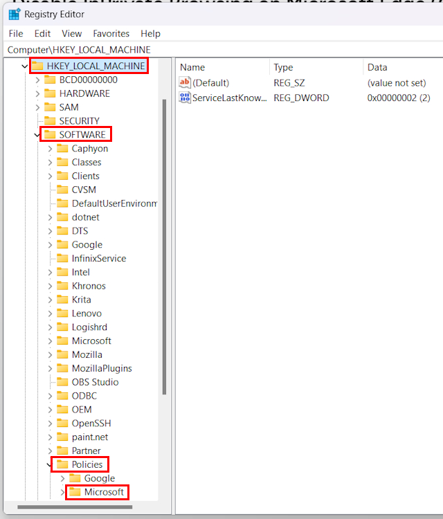 edit Microsoft Edge registry to turn off incognito mode