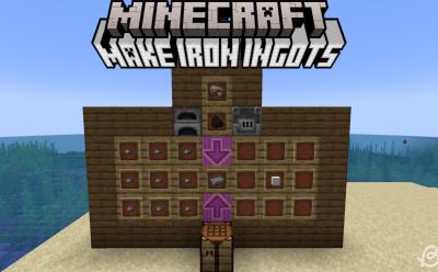 Iron nuggets, ingot and a block in item frames with a furnace above and the crafting table below in Minecraft