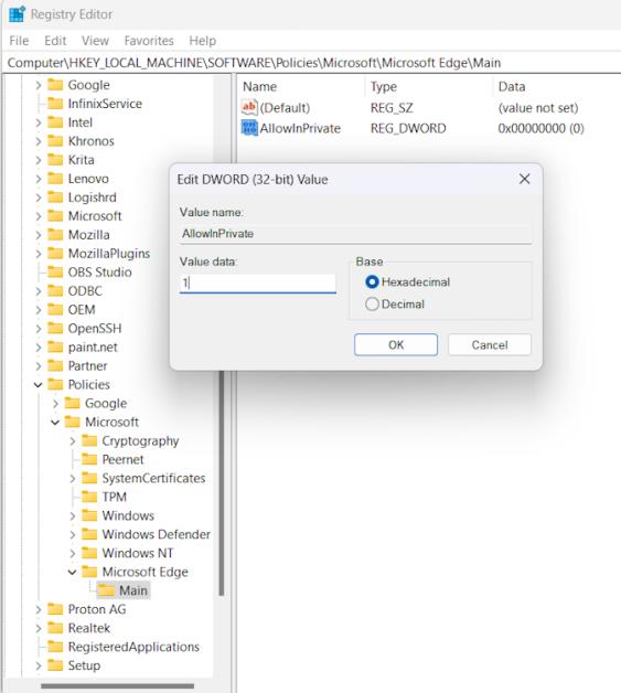 Setting DWORD value as 1 on RegistryEditor
