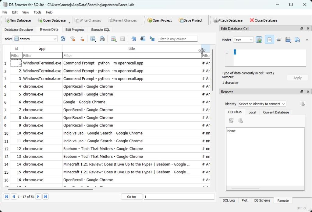 openrecall database in sqlite browser