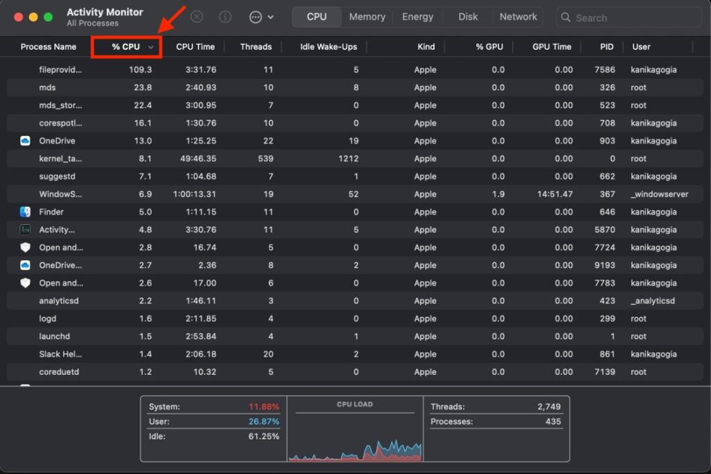 CPU Usage in Activity Monitor