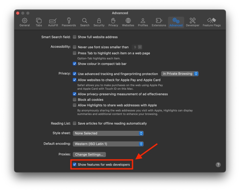 Advanced Tab in Safari Settings