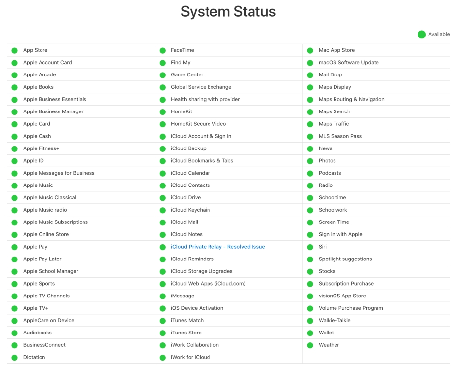 Apple System Status Page