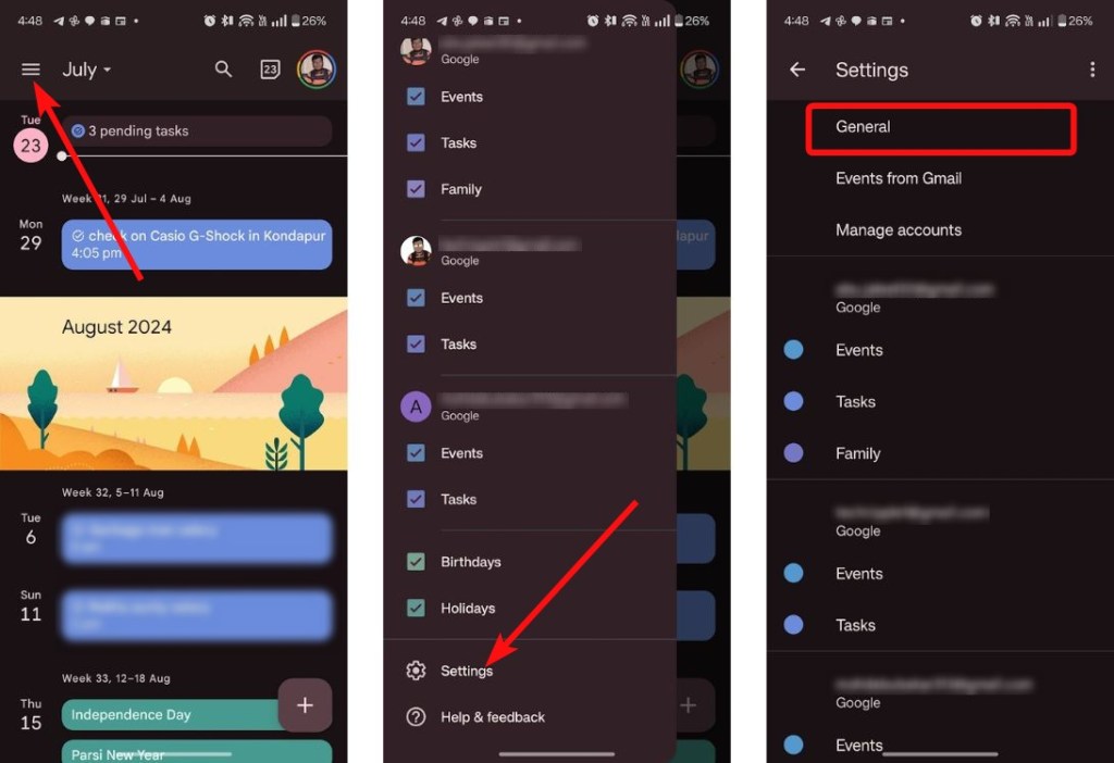 General and Settings - Google Calendar Dark Mode