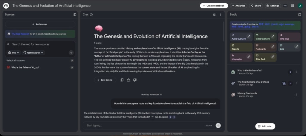 Google NotebookLM AI research tool screenshot